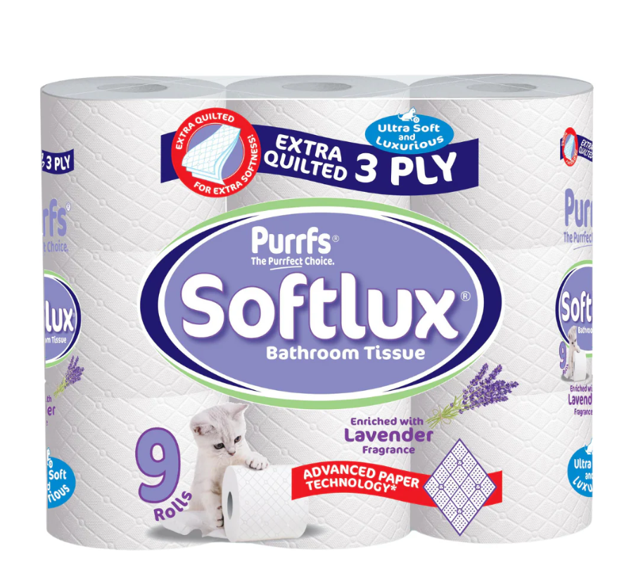 Purrffs Softlux Lavender 9 Pack toilet rolls displayed in modern bathroom Purrffs Softlux Lavender 9 Pack toilet rolls displayed in modern bathroom